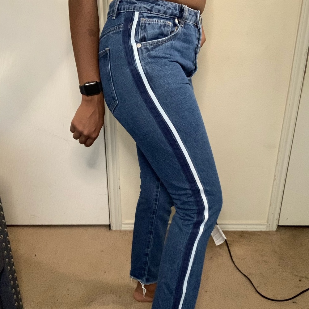 Blue denim striped high waist Jeans